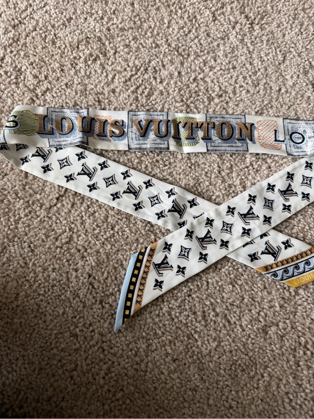 Louis Vuitton Cream Twilly Scarf with Black Monogram and Gold Accents